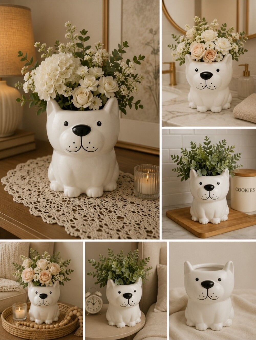 White Ceramic Dog Planter Vase with Smiling Face